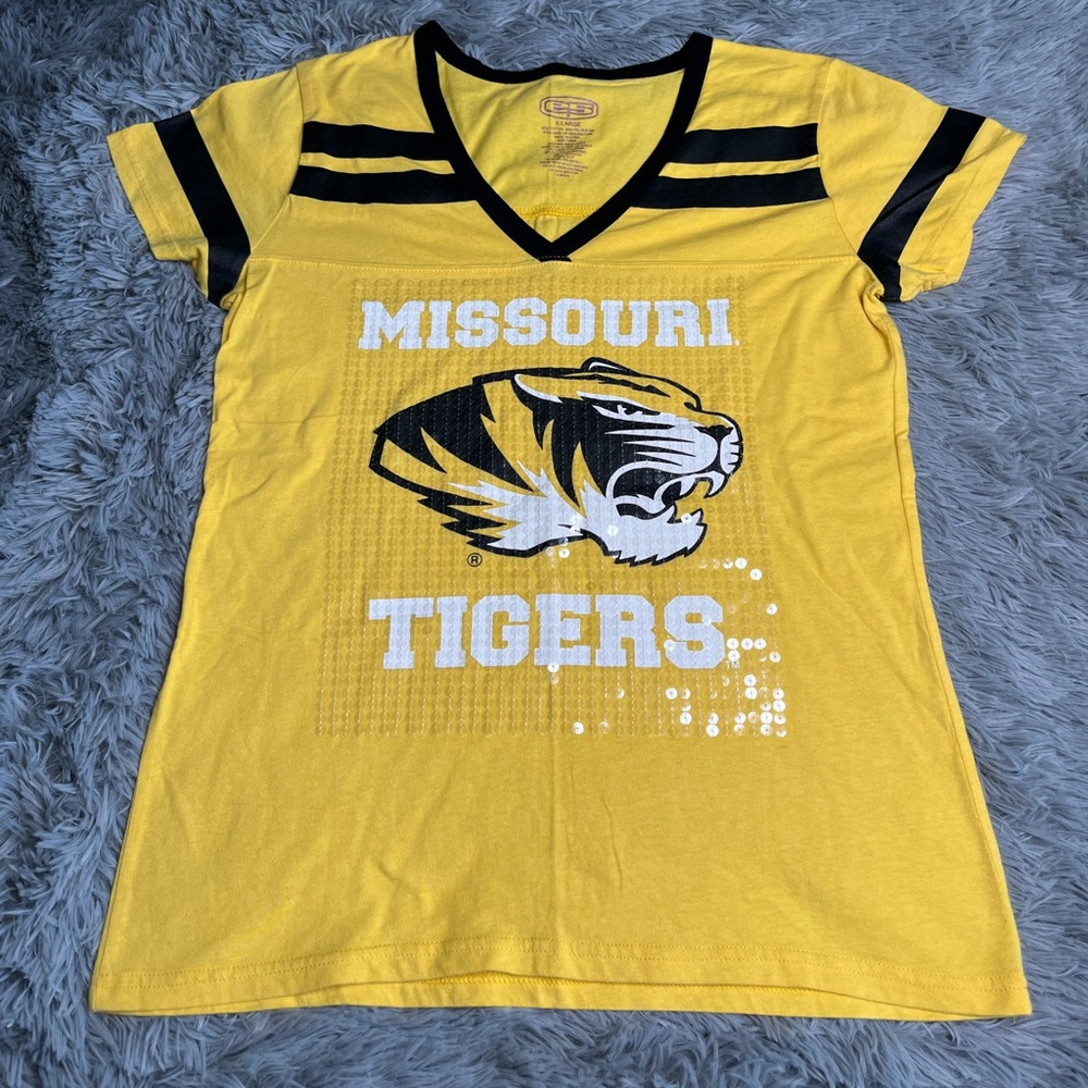 E5 Missouri Tigers Tshirt Womens X Large Mizzou Football Sequins Black Gold
